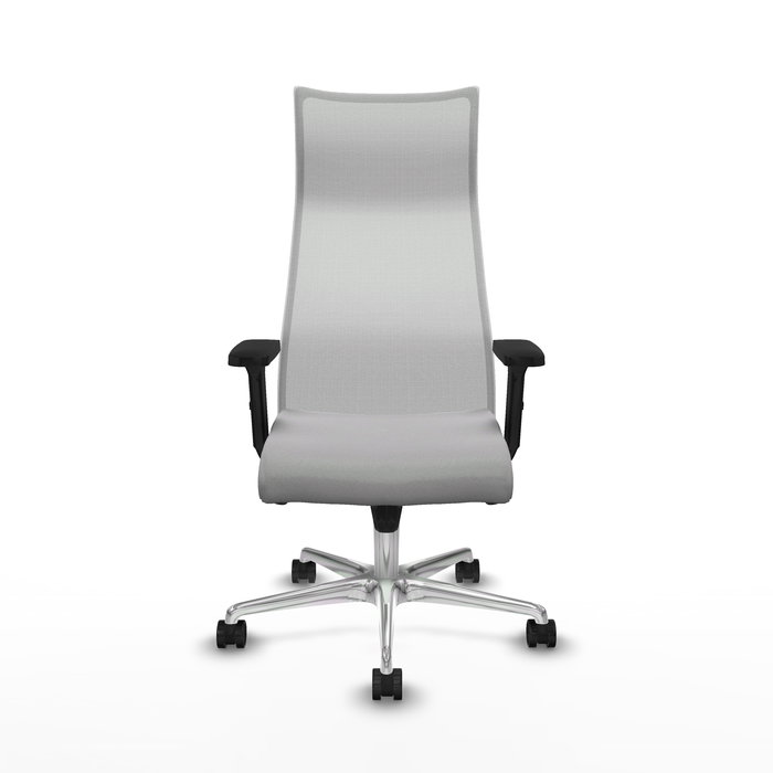 Sillón Albacete con mecanismo Sincro tapizada con Tela color Gris claro y malla color Blanco. Equipado con Base aluminio, Brazos 2D y Ruedas 65mm nailon