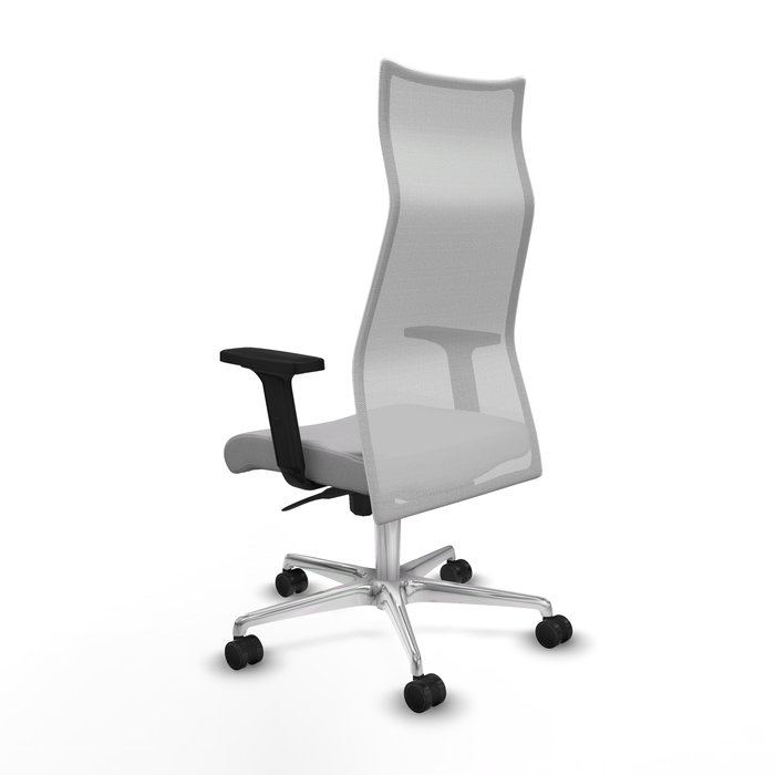 Sillón Albacete con mecanismo Sincro tapizada con Tela color Gris claro y malla color Blanco. Equipado con Base aluminio, Brazos 2D y Ruedas 65mm nailon