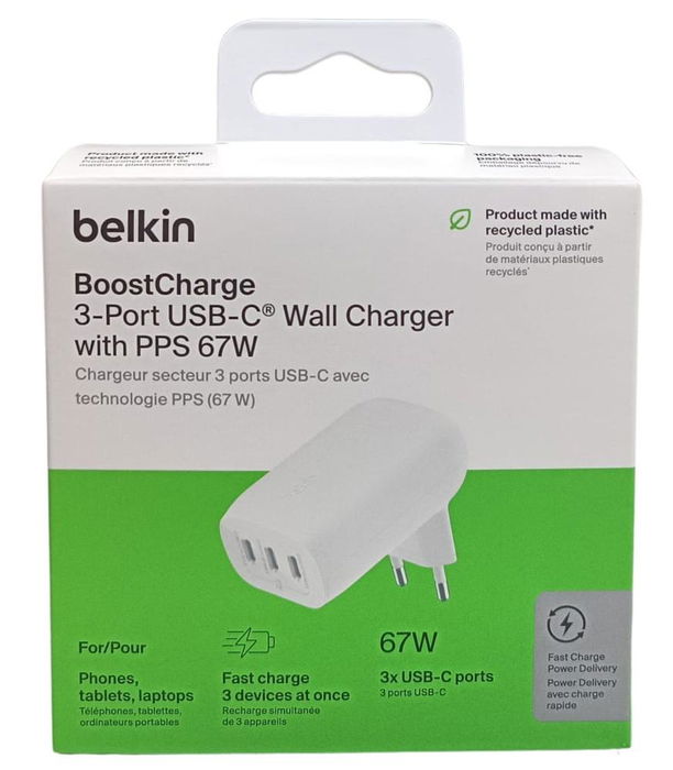 Belkin WCC002VFWH Cargador de Pared 67W con 3 Puertos USB-C para Carga Rápida - Blanco