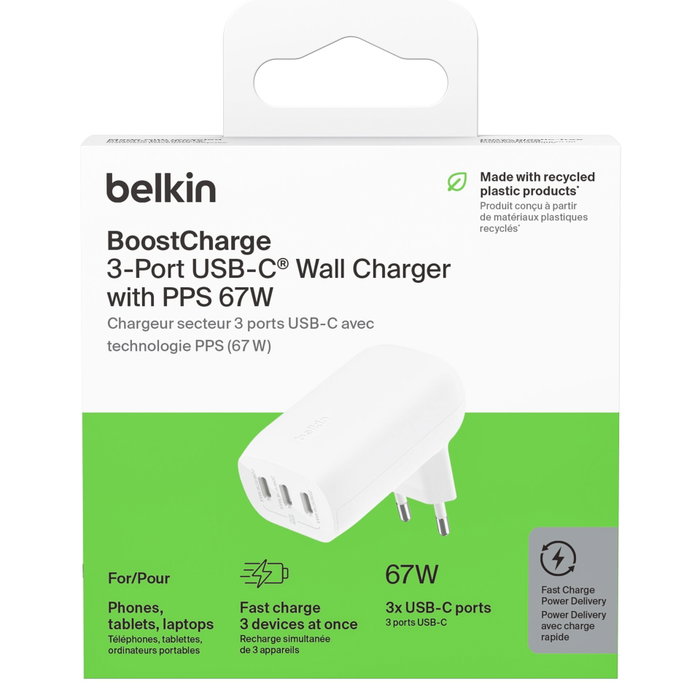 Belkin Cargador Boost 67W con 3 puertos USB-C, PPS, Blanco WCC002VFWH