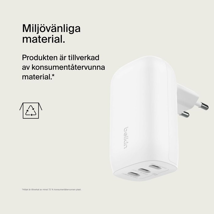 Belkin Cargador Boost 67W con 3 puertos USB-C, PPS, Blanco WCC002VFWH