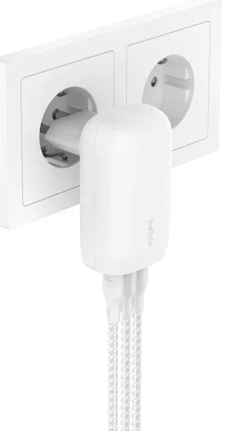 Belkin WCC002VFWH Cargador de Pared 67W PPS con 3 Puertos USB-C, Carga Rápida Simultánea, Clavijas Plegables, Blanco Belkin WCC002VFWH Cargador de Pared 67W PPS con 3 Puertos USB-C, Carga Rápida Simultánea, Clavijas Plegables, Blanco