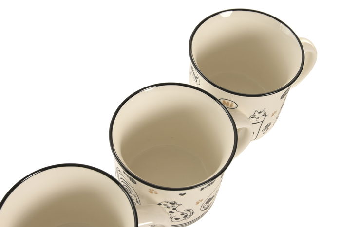 DKD Home Decor Mug Scandi Blanco Negro 340ml Porcelana Gatos 9.5x9x12.5cm (12 Unidades)