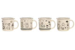 DKD Home Decor Set de 12 Tazas de Porcelana con Diseños de Gatos, 340ml