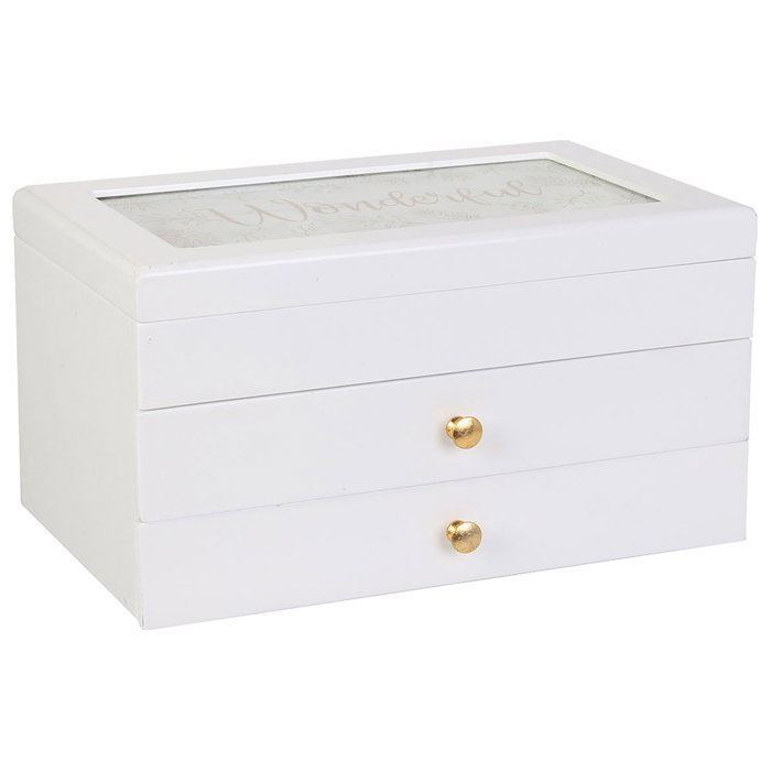 Home Deco Factory Joyero Pour Elle con 3 Plantas, 2 Cajones y Cristal Decorado en Tapa 24x16x13.5 cm