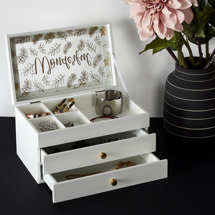 Home Deco Factory Joyero Pour Elle con 3 Plantas, 2 Cajones y Cristal Decorado en Tapa 24x16x13.5 cm