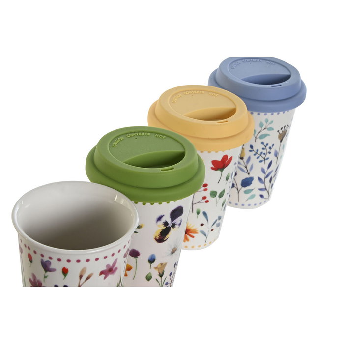 DKD Home Decor Taza de Porcelana Floral Multicolor, Pack de 4