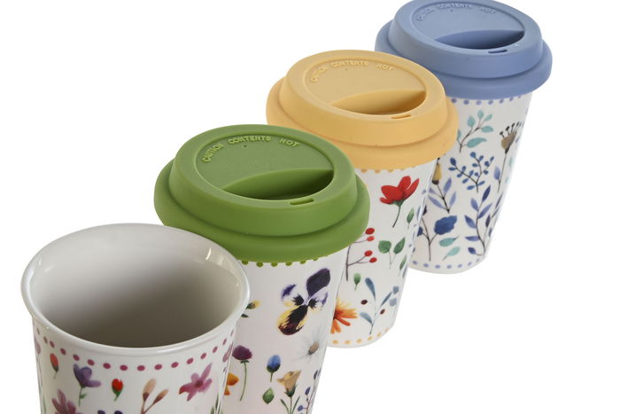 DKD Home Decor Mug Shabby Porcelana y Silicona Multicolor 400 ml Pack 4 Unidades 10 x 14 x 10 cm