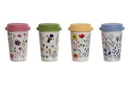 DKD Home Decor Taza de Porcelana Floral Multicolor, Pack de 4