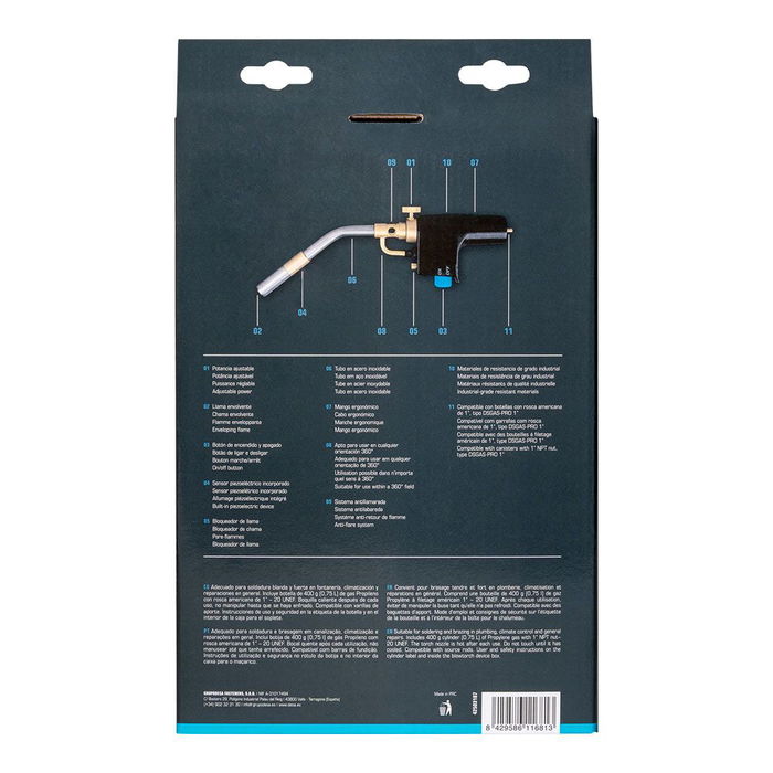 Desa Soplete Gas M1 Turbo Dsgas-pro - Incluye Botella de Conexión de 400 g, Boquilla Ø16 mm, Potencia Ajustable, Sensor Piezoeléctrico, 360°, para Fontanería y Soldadura