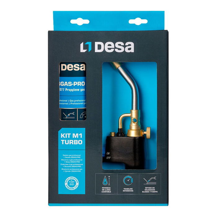 Desa Soplete Gas M1 Turbo Dsgas-pro - Incluye Botella de Conexión de 400 g, Boquilla Ø16 mm, Potencia Ajustable, Sensor Piezoeléctrico, 360°, para Fontanería y Soldadura
