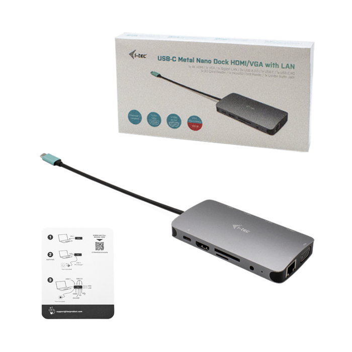 I-tec USB-C Metal Dock: 1x HDMI, 1x VGA, 1x SD/MicroSD, 1x GLAN, 1x Audio Mic, 3x USB 3.1, 1x USB-C Data, 1x USB-C PD + Cargador 10W