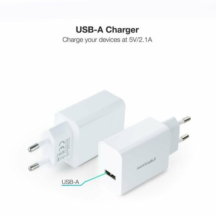 Nanocable Cargador USB-A 5V/2.1A Blanco