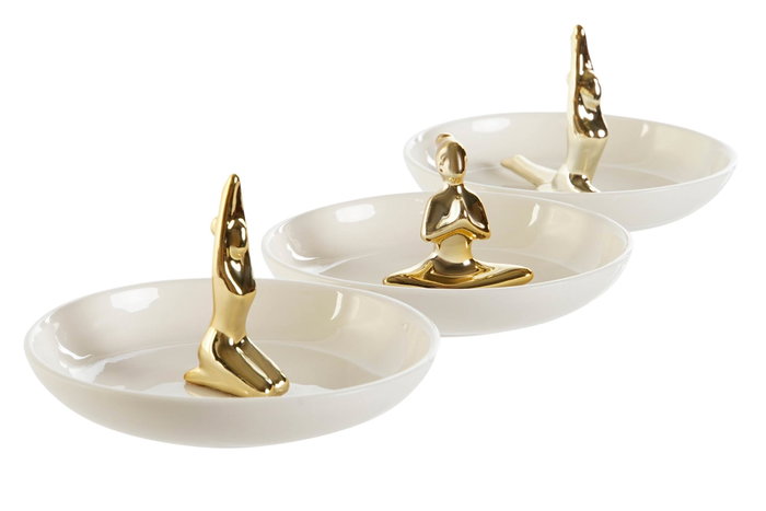 DKD Home Decor Bandeja Vaciabolsillos Glam Blanco Dorado Cerámica 11 x 11 x 6.5 cm (6 Unidades)