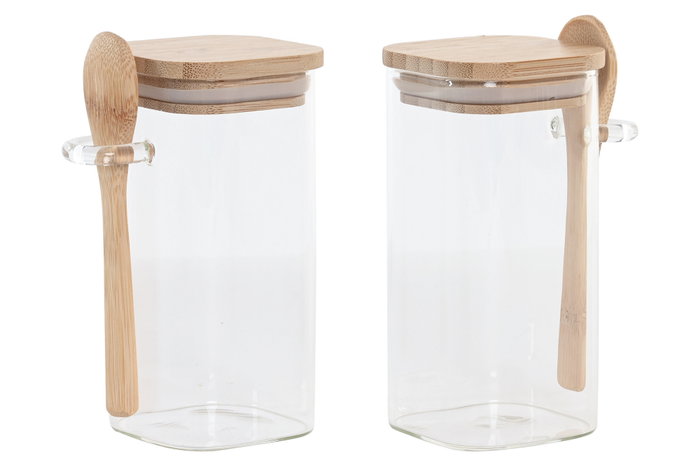 DKD Home Decor Especiero Set de 2 Natural Bambu y Cristal 9 x 16.5 x 18.5 cm