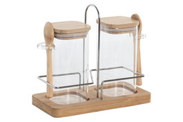 DKD Home Decor Especiero Set de 2 Natural Bambu y Cristal 9 x 16.5 x 18.5 cm