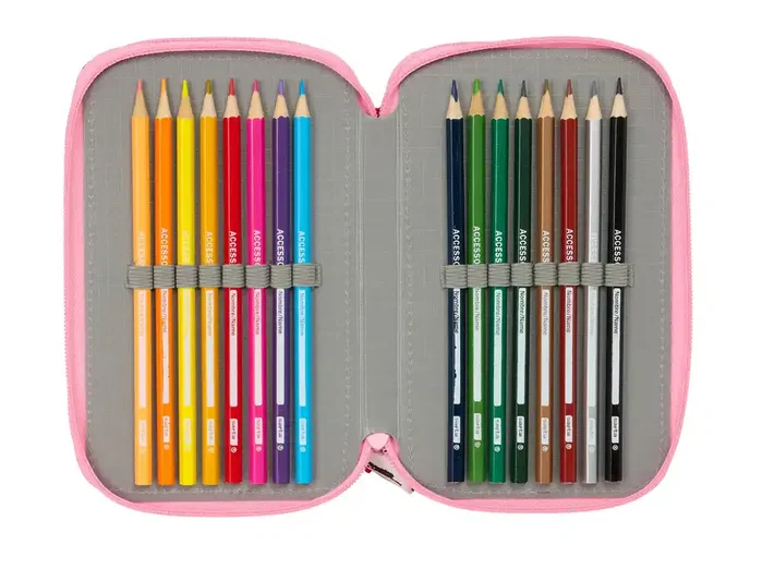 Safta Plumier Escolar Hello Kitty Triple Cremallera con 37 Piezas, 195x125x55 mm