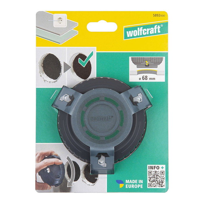 Wolfcraft Avellanador de Canto para Placa de Yeso, Diametro 68 mm, con 3 Cuchillas Intercambiables, Ideal para Instalar Enchufes en Pared Hueca