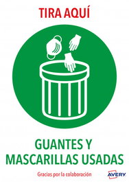 Avery AV_KITCOVID7_ES Señales Adhesivos "Tira Aquí Guantes Y Mascarillas Usadas" PVC Resistente Agua Aceite Suciedad UV Exterior A4 2 uds