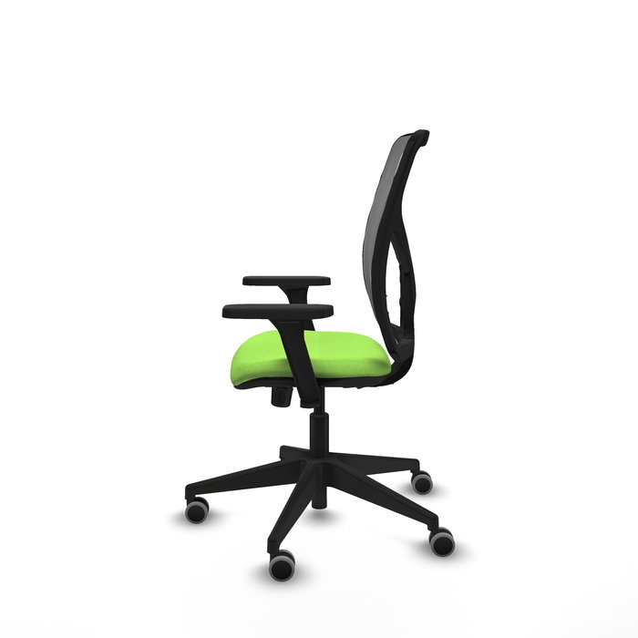 Silla de oficina Motilla con mecanismo Sincro tapizada con Tela color Pistacho y malla color Gris. Equipada con lumbar 1D, Brazos 3D y Ruedas 65 mm parqué