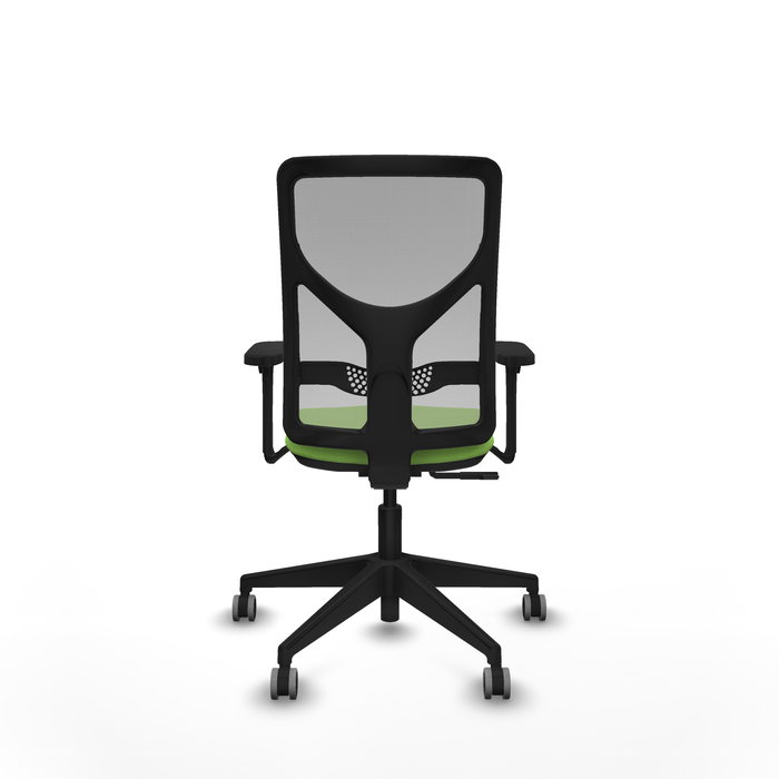 Silla de oficina Motilla con mecanismo Sincro tapizada con Tela color Pistacho y malla color Gris. Equipada con lumbar 1D, Brazos 3D y Ruedas 65 mm parqué