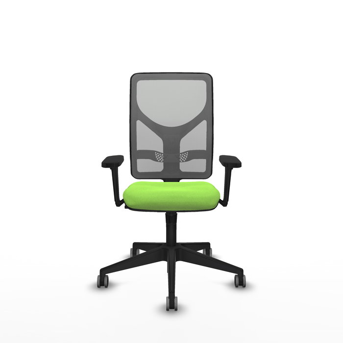 Silla de oficina Motilla con mecanismo Sincro tapizada con Tela color Pistacho y malla color Gris. Equipada con lumbar 1D, Brazos 3D y Ruedas 65 mm parqué