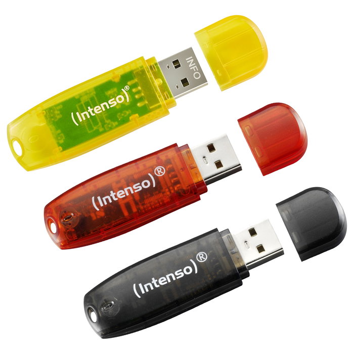 Intenso STICK Rainbow USB Flash Drive 2.0 3x32GB Pack (Yellow/Red/Black) - Velocidad Lectura 28 MB/s, Transparente