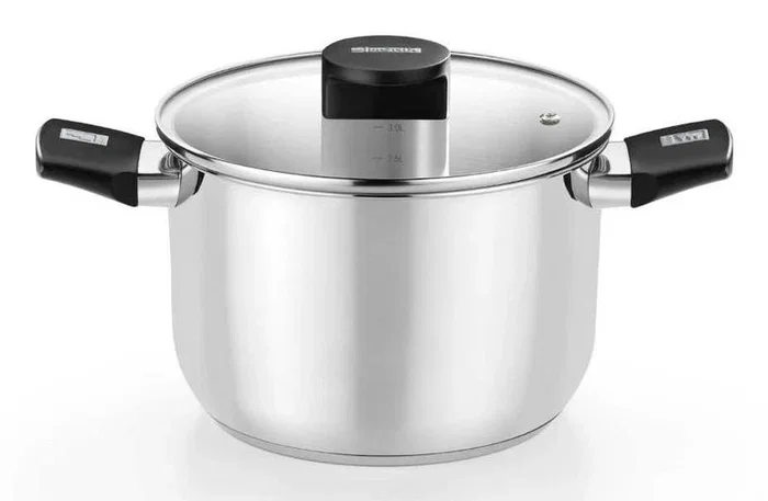 Monix M240222 Olla de acero inoxidable, 5 litros, 22 cm de diámetro, apta para inducción, con tapa de vidrio termoresistente y asas de baquelita