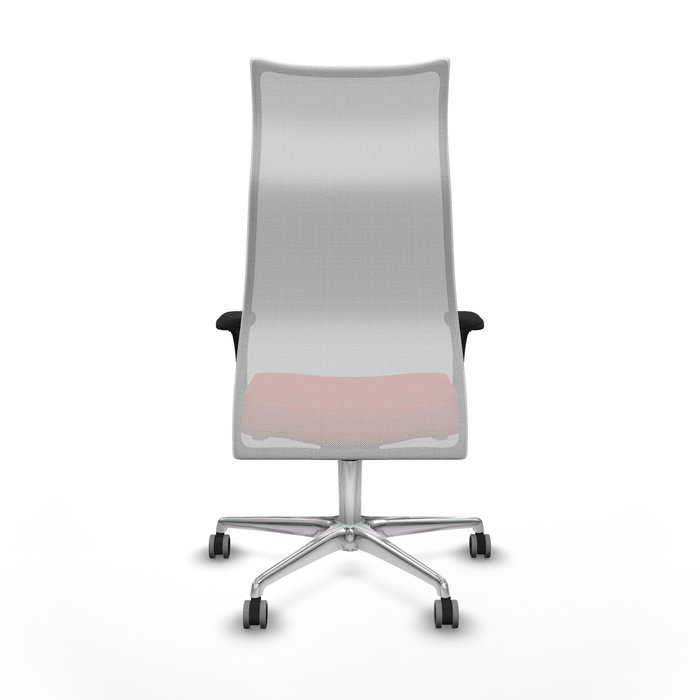 Sillón Albacete con mecanismo Sincro tapizada con Tela color Naranja oscuro y malla color Blanco. Equipado con Base aluminio, Brazos 1D y Ruedas 65 mm parqué