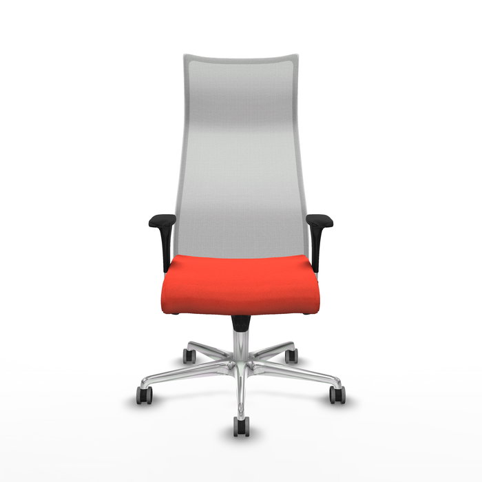 Sillón Albacete con mecanismo Sincro tapizada con Tela color Naranja oscuro y malla color Blanco. Equipado con Base aluminio, Brazos 1D y Ruedas 65 mm parqué