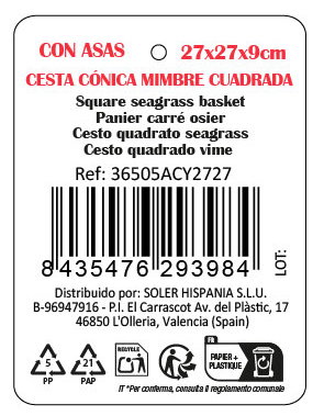 Inde Cesta Cónica Mimbre Cuadrada con Asa 27 cm x 27 cm x 9 cm (8 Unidades)