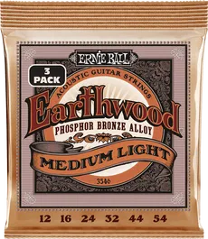 Ernieball 92/8 Phosphor Bz. Medium Light 12-54 Tripack (3) Juego Acústica Earthwood Cuerdas Guitarra Acústica Mediana Ligera Bronce Fósforo