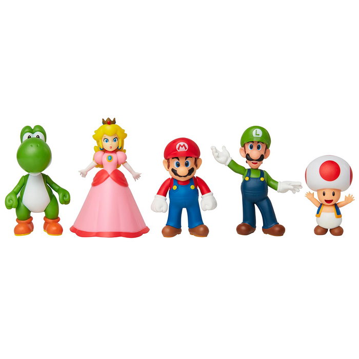 JAKKS PACIFIC Pack de 5 Figuras Articuladas Super Mario (Mario, Luigi, Peach, Yoshi, Toad) de 6 cm