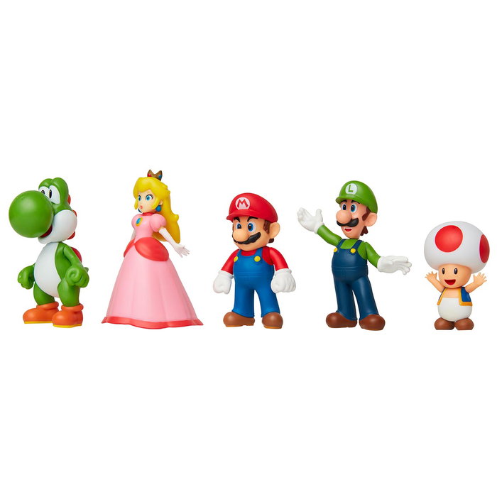 JAKKS PACIFIC Pack de 5 Figuras Articuladas Super Mario (Mario, Luigi, Peach, Yoshi, Toad) de 6 cm