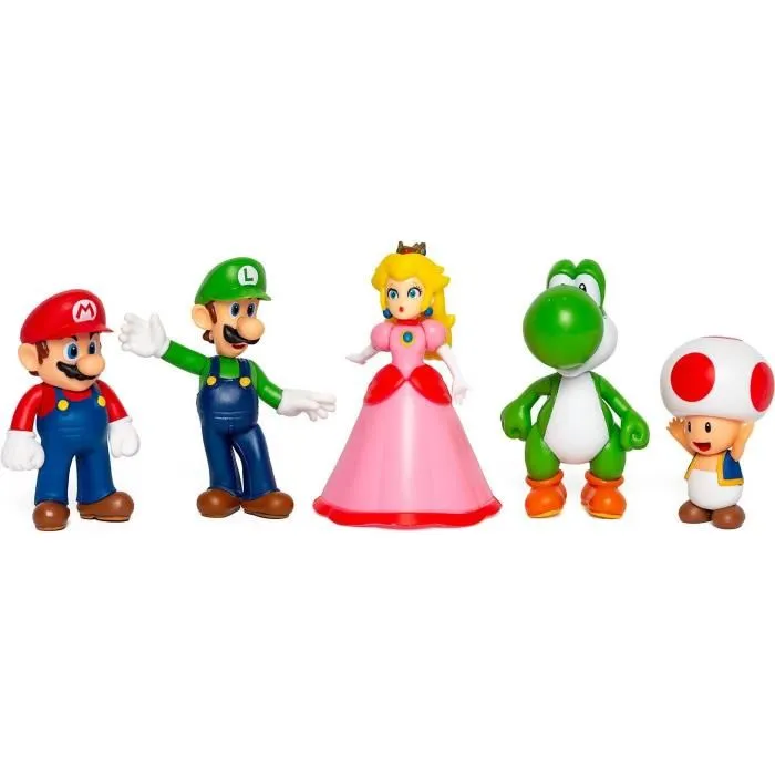 JAKKS PACIFIC Pack de 5 Figuras Articuladas Super Mario (Mario, Luigi, Peach, Yoshi, Toad) de 6 cm
