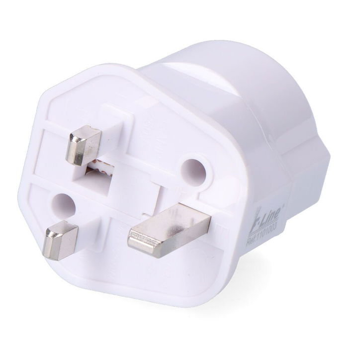 F-Line Adaptador Enchufe Transformación Inglés a Europeo Blanco 70 x 50 mm con Fusible 13A Retractilado F-Line Adaptador Enchufe Transformación Inglés a Europeo Blanco 70 x 50 mm con Fusible 13A Retractilado
