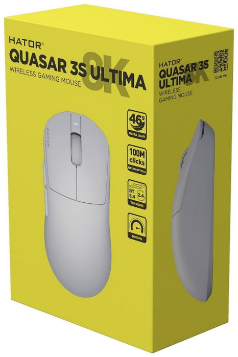Hator Quasar 3S Ultima 8K Wireless Ratón Gaming Blanco 30000 DPI 2.4GHz Bluetooth USB-C Recargable