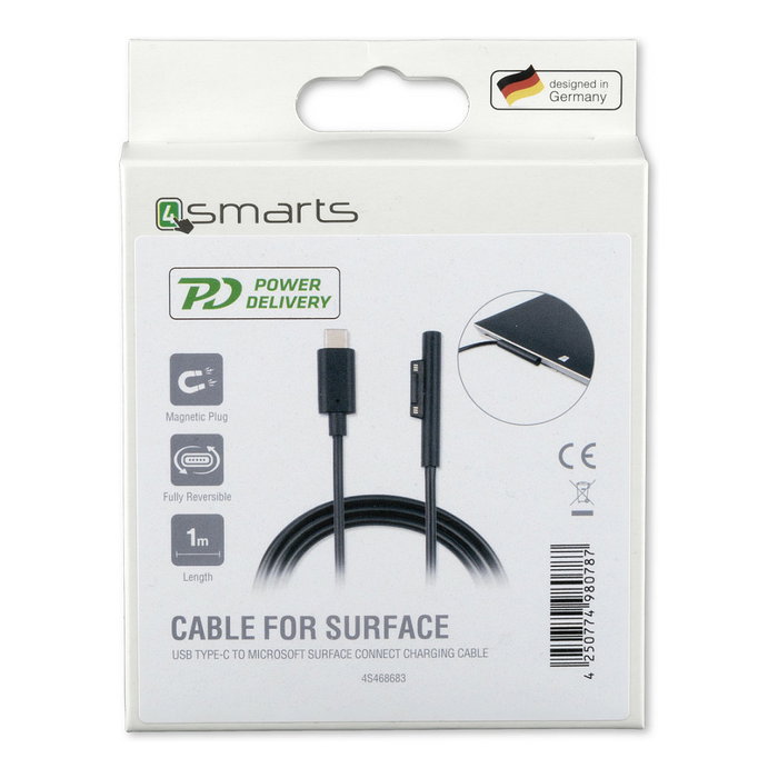 4smarts Cable Carga Sincronización Microsoft Surface Connect a USB Tipo-C 5A 1m Negro 468683