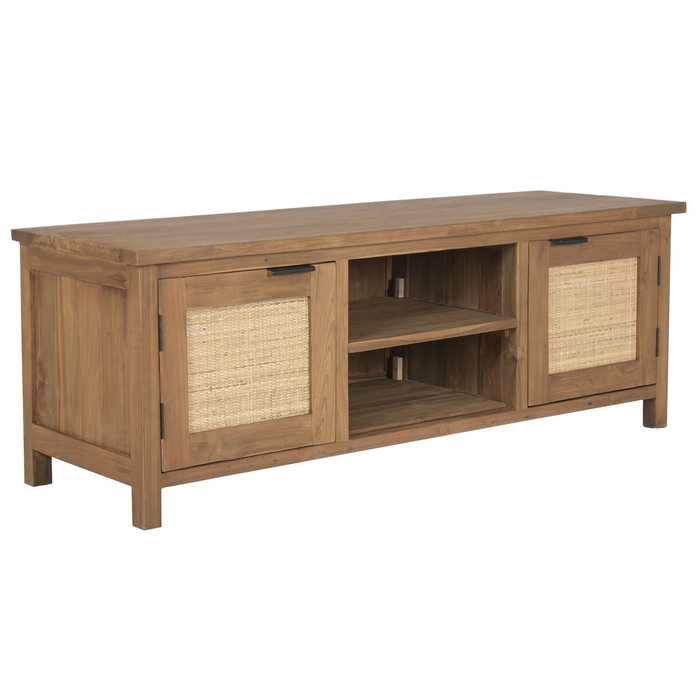 DKD Home Decor Mueble TV Teca Reciclada y Ratán Marrón