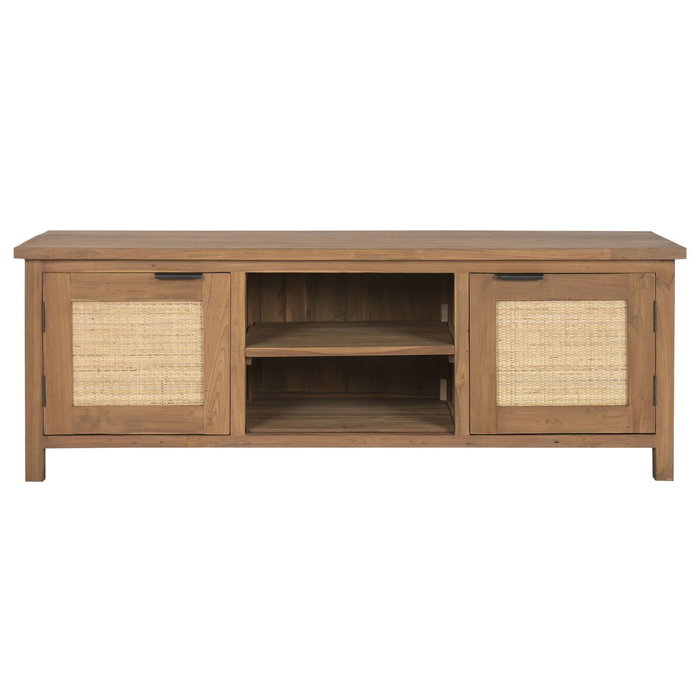 DKD Home Decor Mueble TV Teca Reciclada y Ratán Marrón