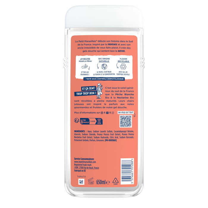 Le Petit Marseillais Gel de Baño Melocotón y Nectarina, Cuidado Corporal Hidratante con 92% Ingredientes Naturales, 650 ml