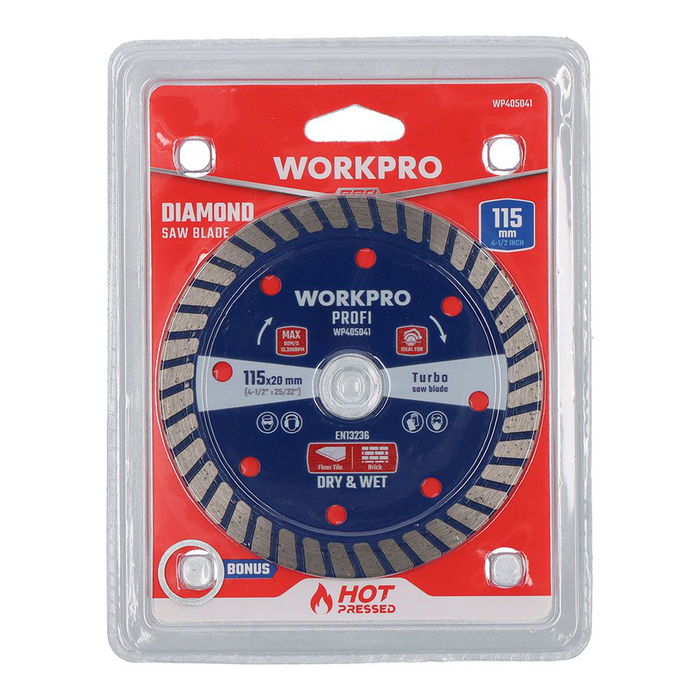 Workpro Disco Diamantado Continuo Profi Turbo Ø115 x 20 mm para Baldosas, Piedra, Hormigón y Ladrillo Workpro Disco Diamantado Continuo Profi Turbo Ø115 x 20 mm para Baldosas, Piedra, Hormigón y Ladrillo