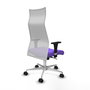Sillón Albacete con mecanismo Sincro tapizada con Tela color Lila y malla color Blanco. Equipado con Base aluminio, Brazos 1D y Ruedas 65mm nailon