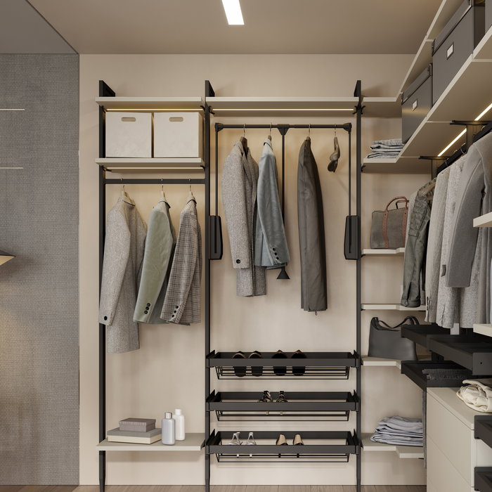 Emuca Lote de 3 estructuras Zero con herrajes y perfiles para montaje al suelo y a pared con nivelador rectangular, Aluminio y Zamak, Negro texturizado