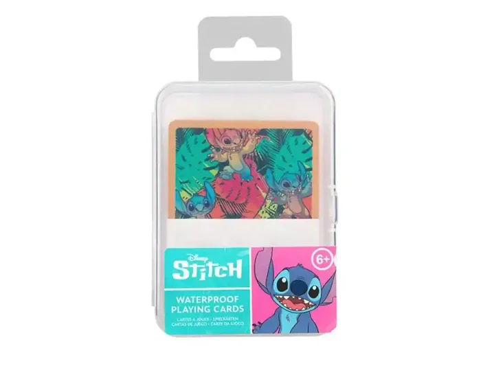 Wondee Baraja de Cartas de Poker Impermeable Disney Lilo & Stitch con Estuche, 135x25x75 mm, Incluye Diseños de Personajes como Stitch, Angel y Scrump