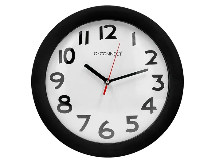 Q-connect Reloj de Pared Redondo 30 cm Marco Negro con Números Grandes Fácil Lectura Plástico Oficina