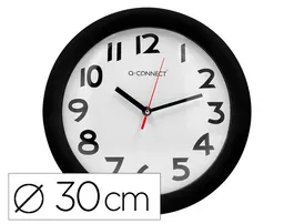 Q-connect Reloj de Pared Redondo 30 cm Marco Negro con Números Grandes Fácil Lectura Plástico Oficina