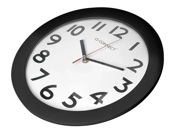 Q-connect Reloj de Pared Redondo 30 cm Marco Negro con Números Grandes Fácil Lectura Plástico Oficina