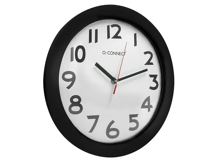 Q-connect Reloj de Pared Redondo 30 cm Marco Negro con Números Grandes Fácil Lectura Plástico Oficina