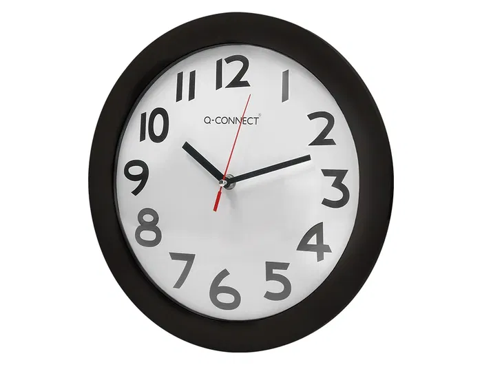 Q-connect Reloj de Pared Redondo 30 cm Marco Negro con Números Grandes Fácil Lectura Plástico Oficina